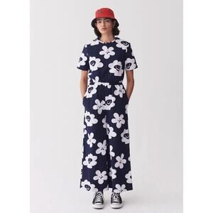 NWT Lazy Oaf Pushing Daisies Floral Smiley Sad Face Wide Leg Jumpsuit Size UK 6